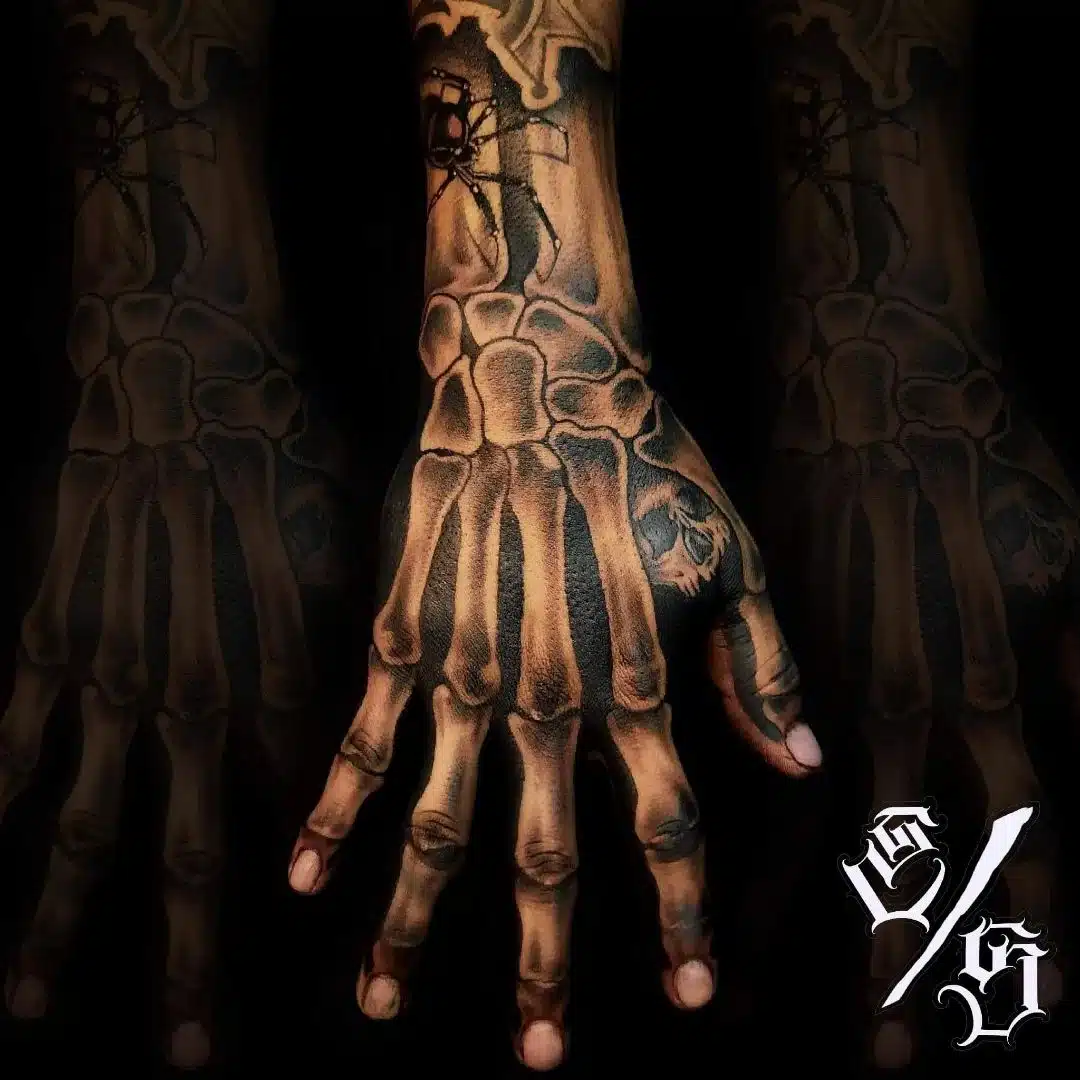 Fine Line Realistic Skeleton Hand Tattoos