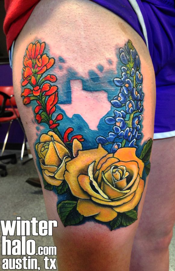 Bluebonnet and yellow rose tattoo