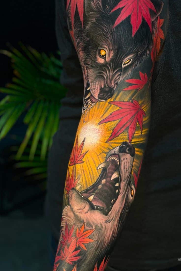 Neo traditional wolf tattoo
