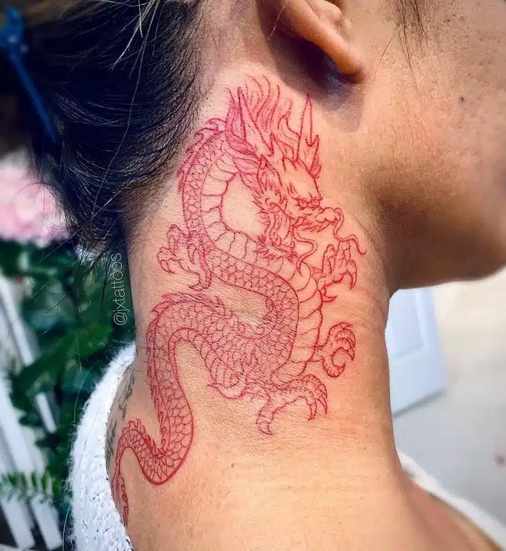Red dragon neck tattoo