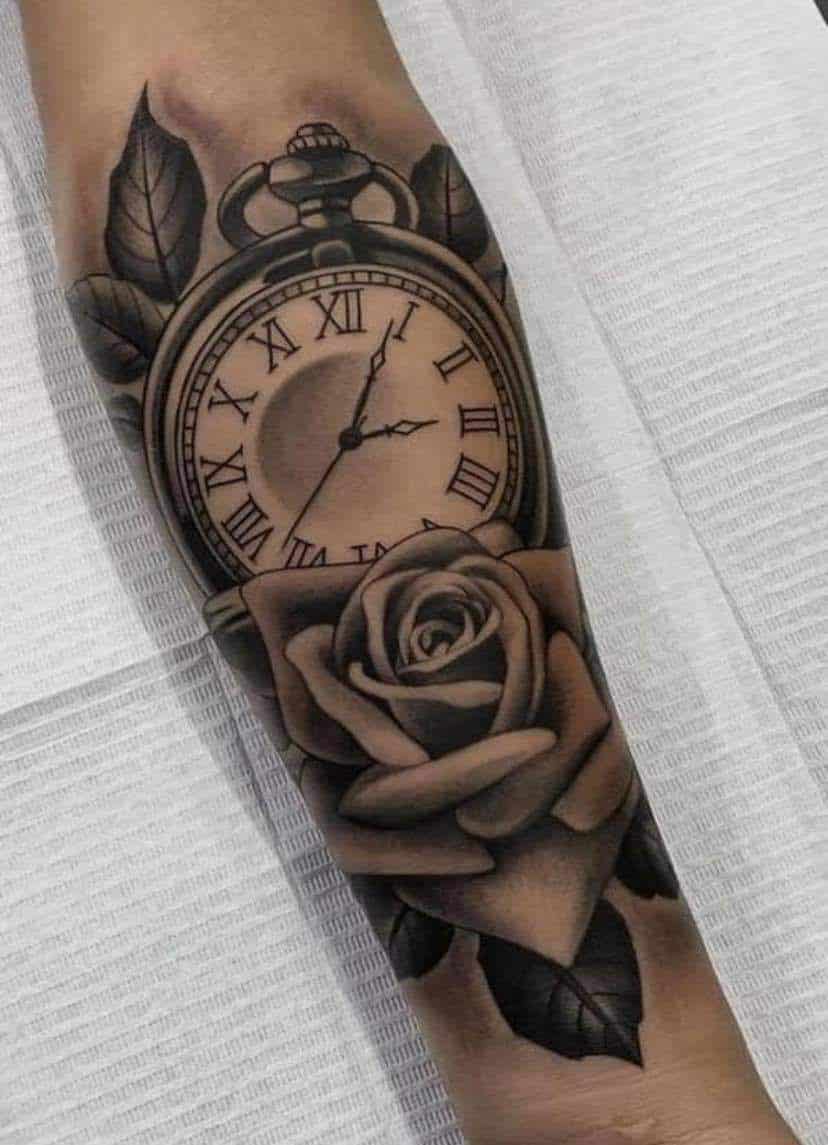 Rose and clock tattoo