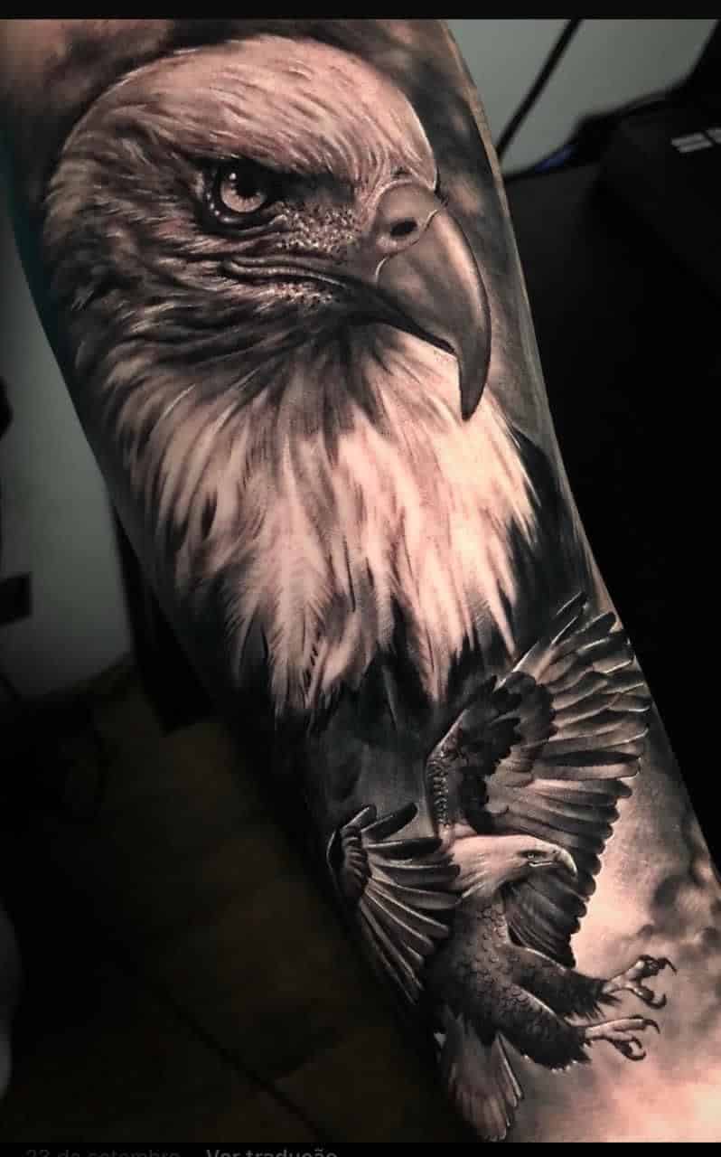 Flying Eagle With Freedom, Through And Strength Banners Tattoo On Back