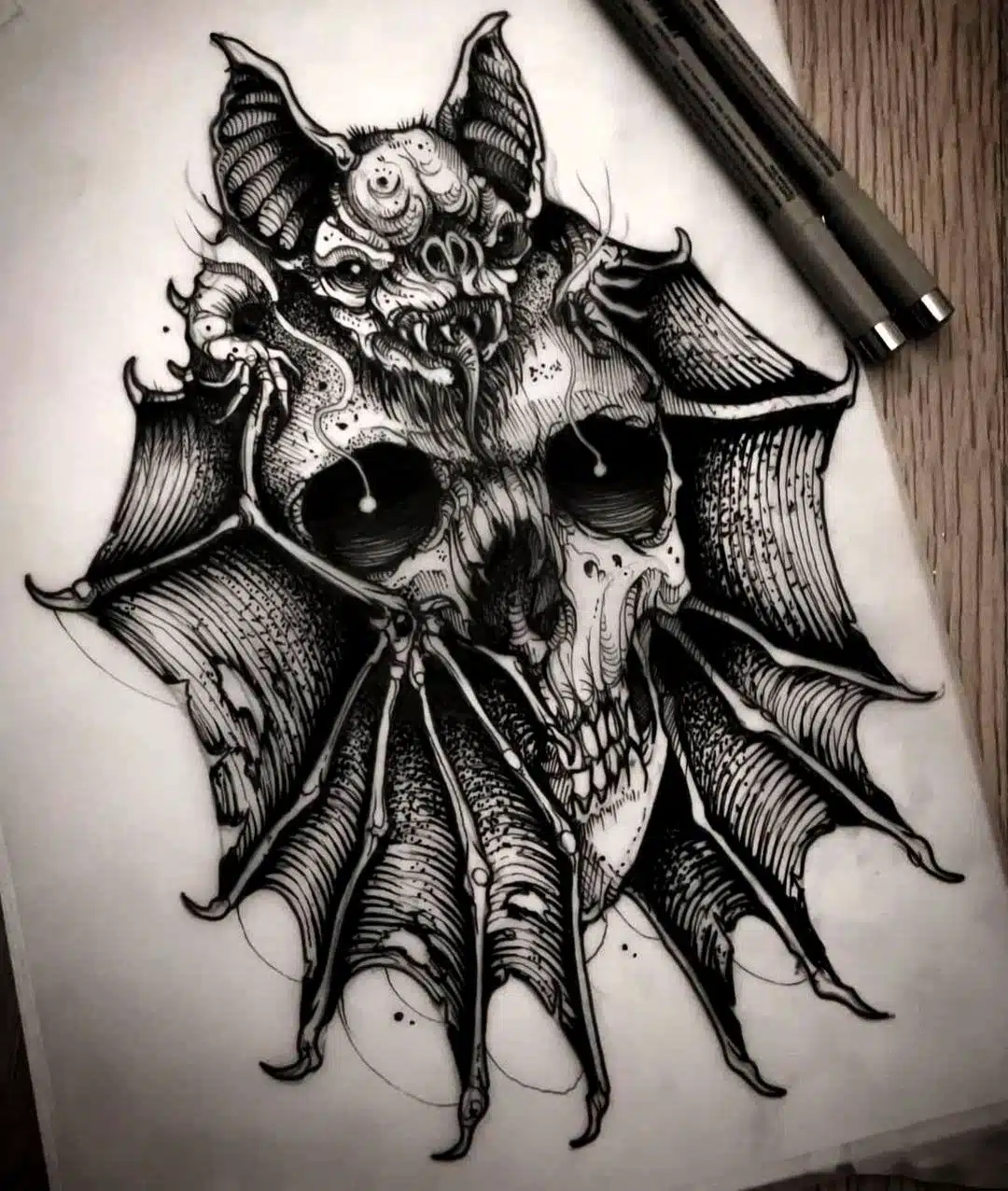Bat and skull tattoo