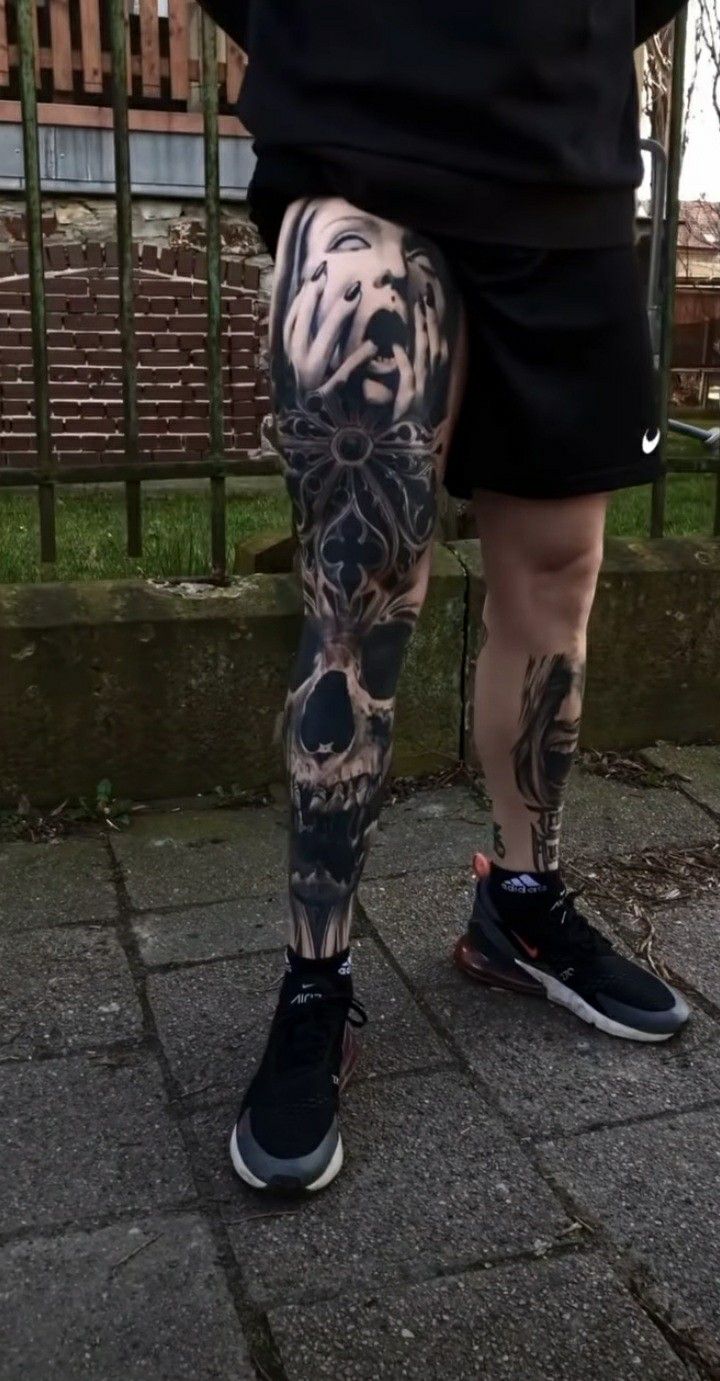 Black white leg tattoos for men