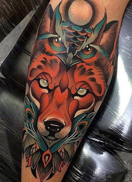 Fox and owl tattoo