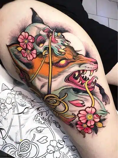 Fox and skull tattoo