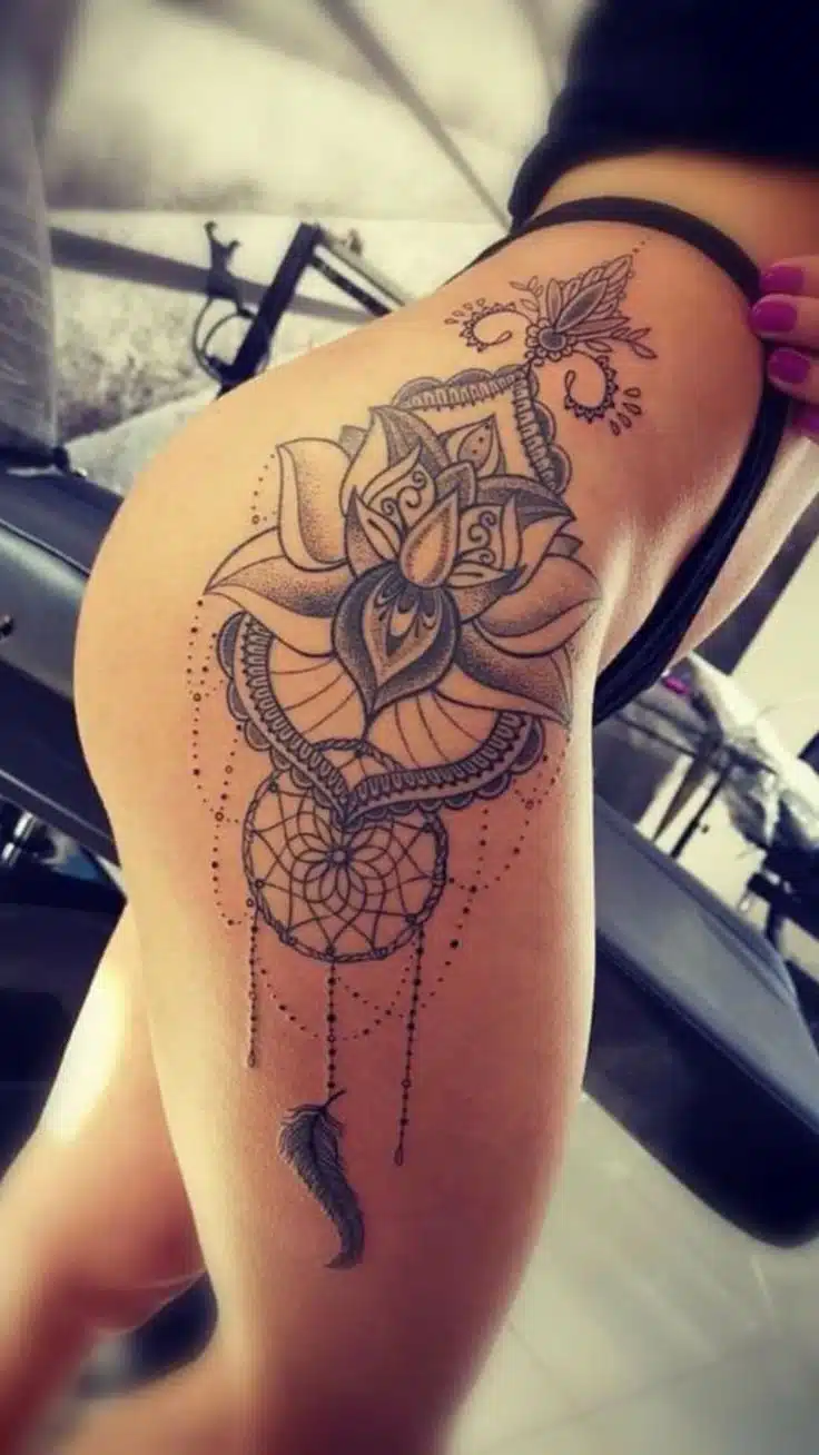Lotus flower leg tattoo for women