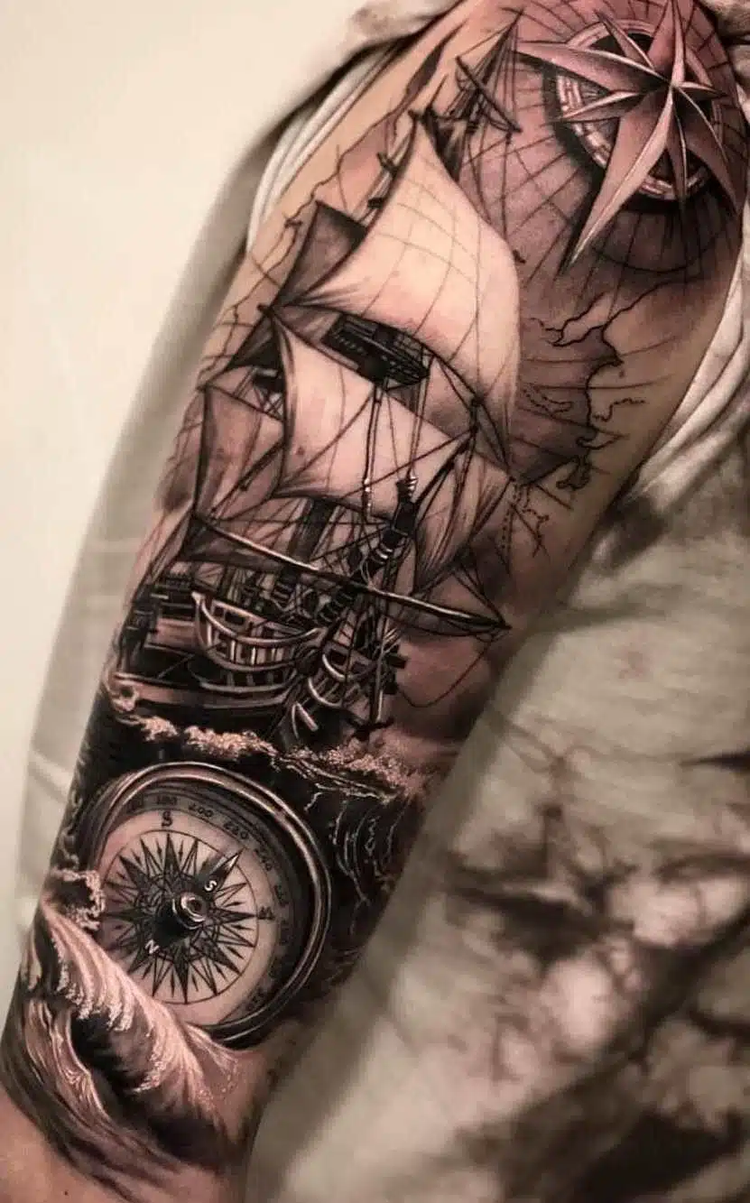 Ship and compass tattoo