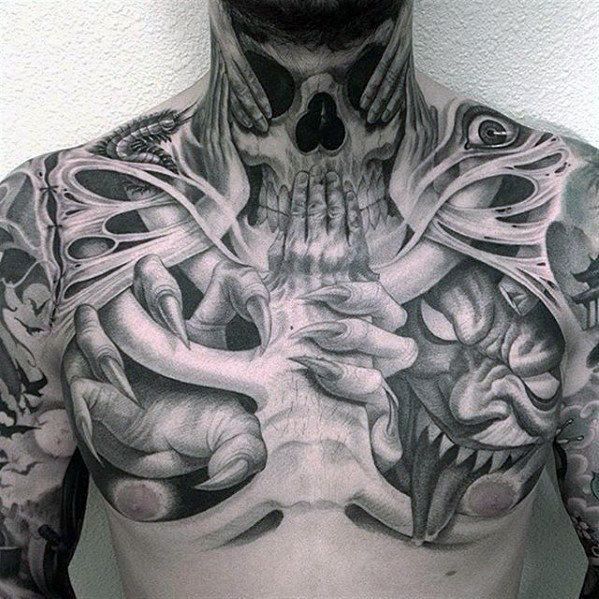 Skulls throat tattoos for men