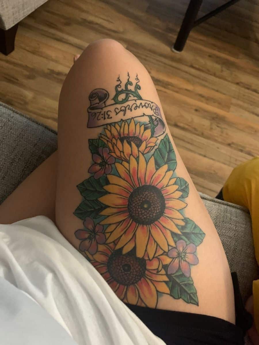 Sunflower leg tattoos for women