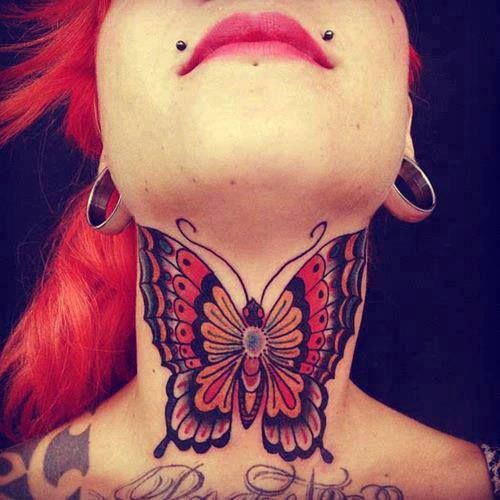 butterfly throat tattoo for women