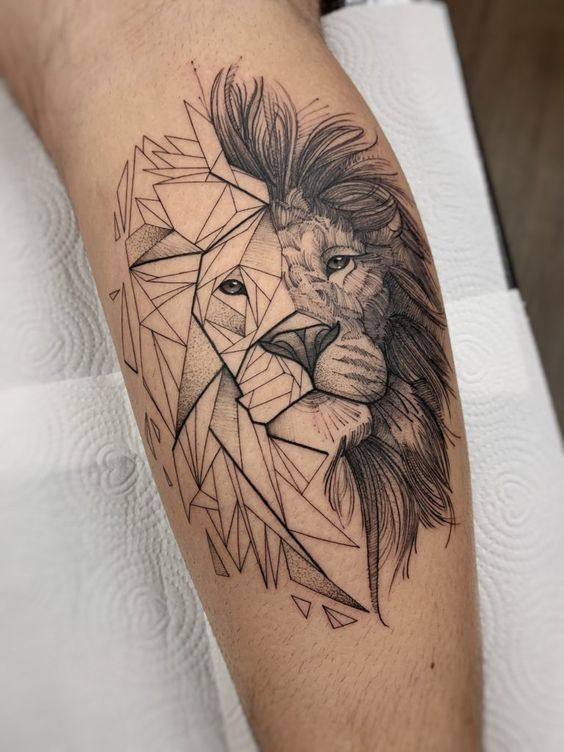 geometric lion calf tattoo for men