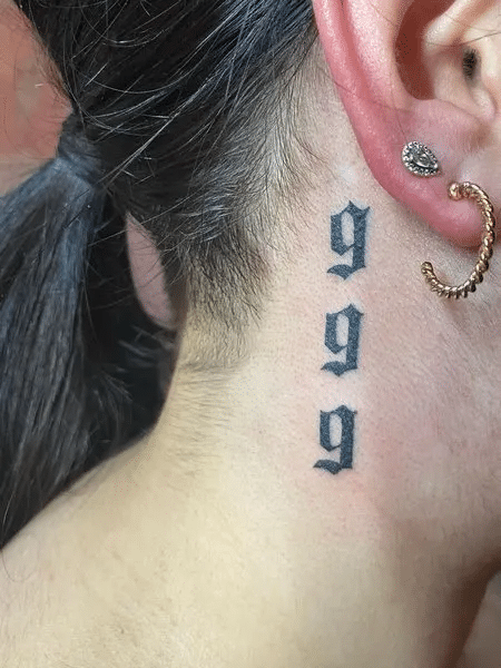Behind the ear 999 angel number tattoo