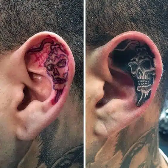 Ear lobe Santa Muerte tattoo
