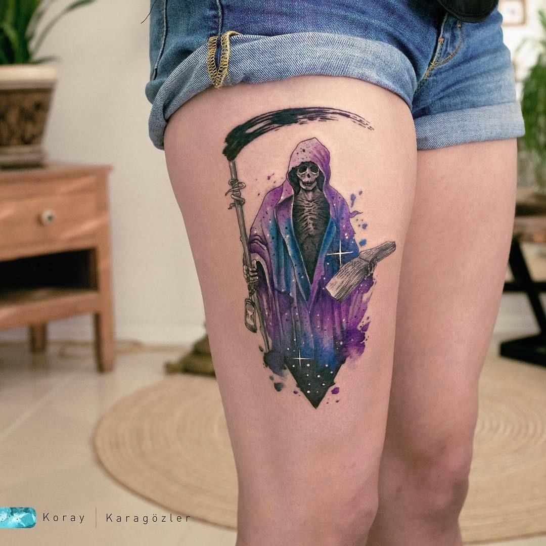 Thigh Santa Muerte tattoo
