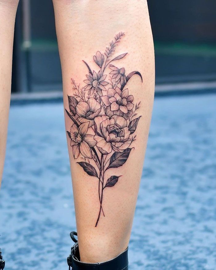 Floral Design Calf Tattoos For Women