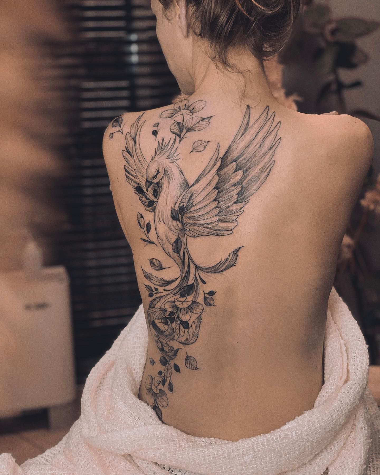 Back Spine Phoenix Tattoo