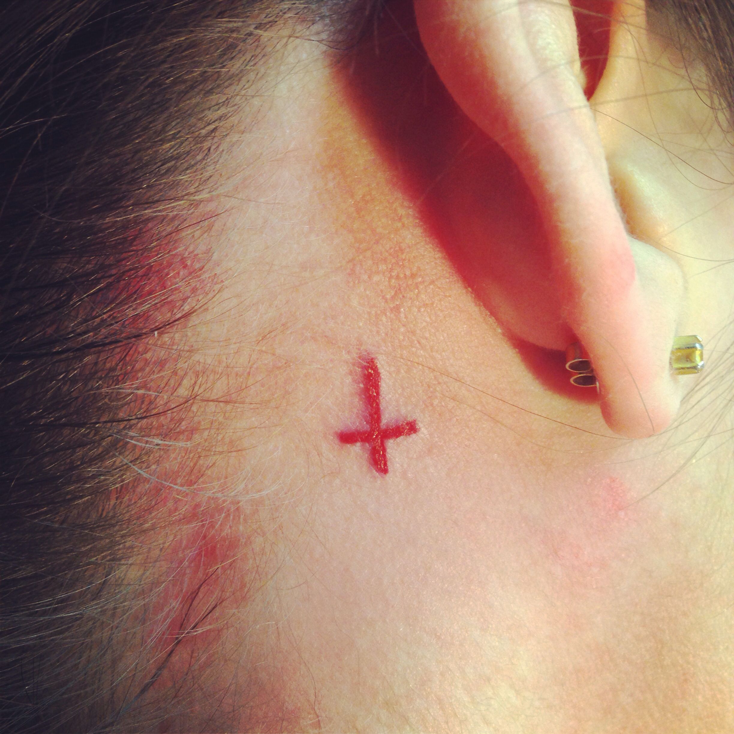 Behind The Ear Upside Down Cross Tattoo