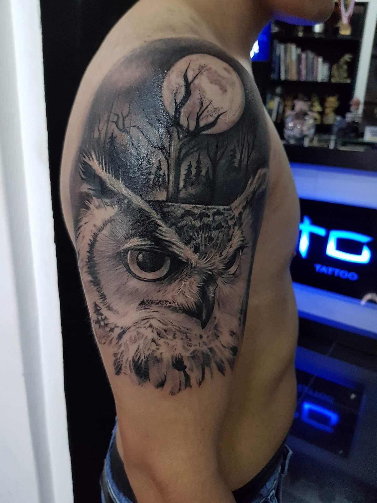 Owl And Moon Tattoo