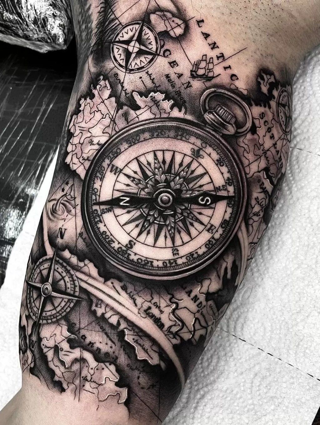 Mountains and compass tattoo art. symbol of tourism, adventure, wall mural  • murals earth, wild nature, tribal | myloview.com